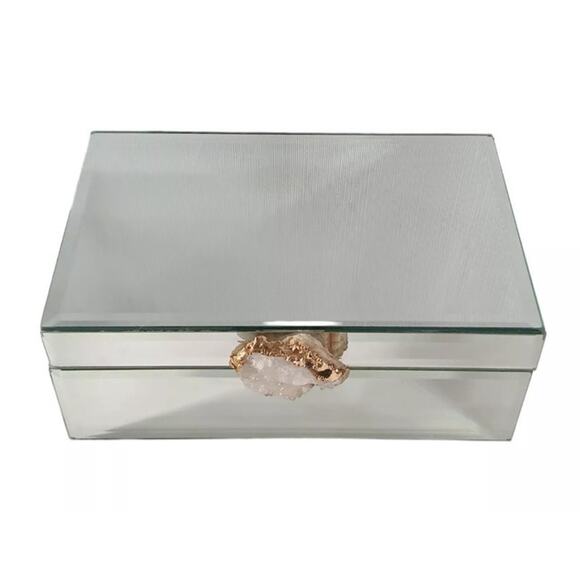 Mirrored Glass Hinged 8" Trinket Jewelry Box W/ Amethyst Geode Knob Gold Trim - Picture 2 of 12